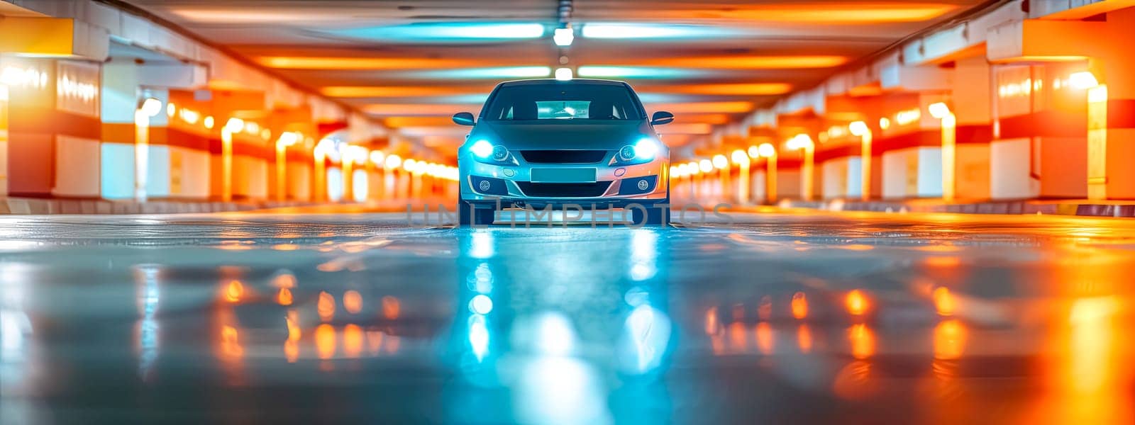 Blue Compact Car in Underground Parking with Vibrant Lighting by Edophoto