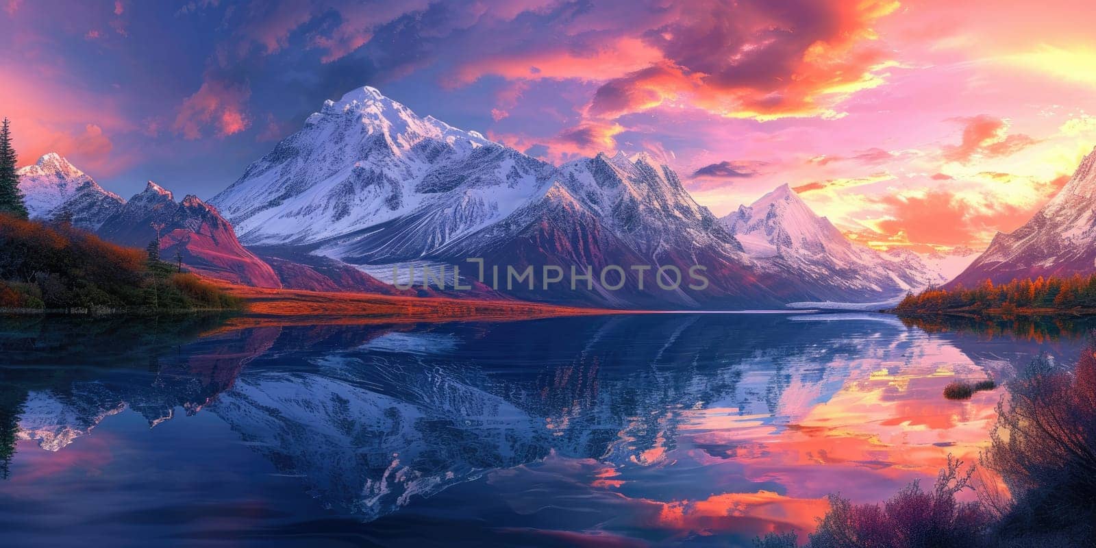 A majestic mountain landscape at sunset, snow-capped peaks. Resplendent. by biancoblue