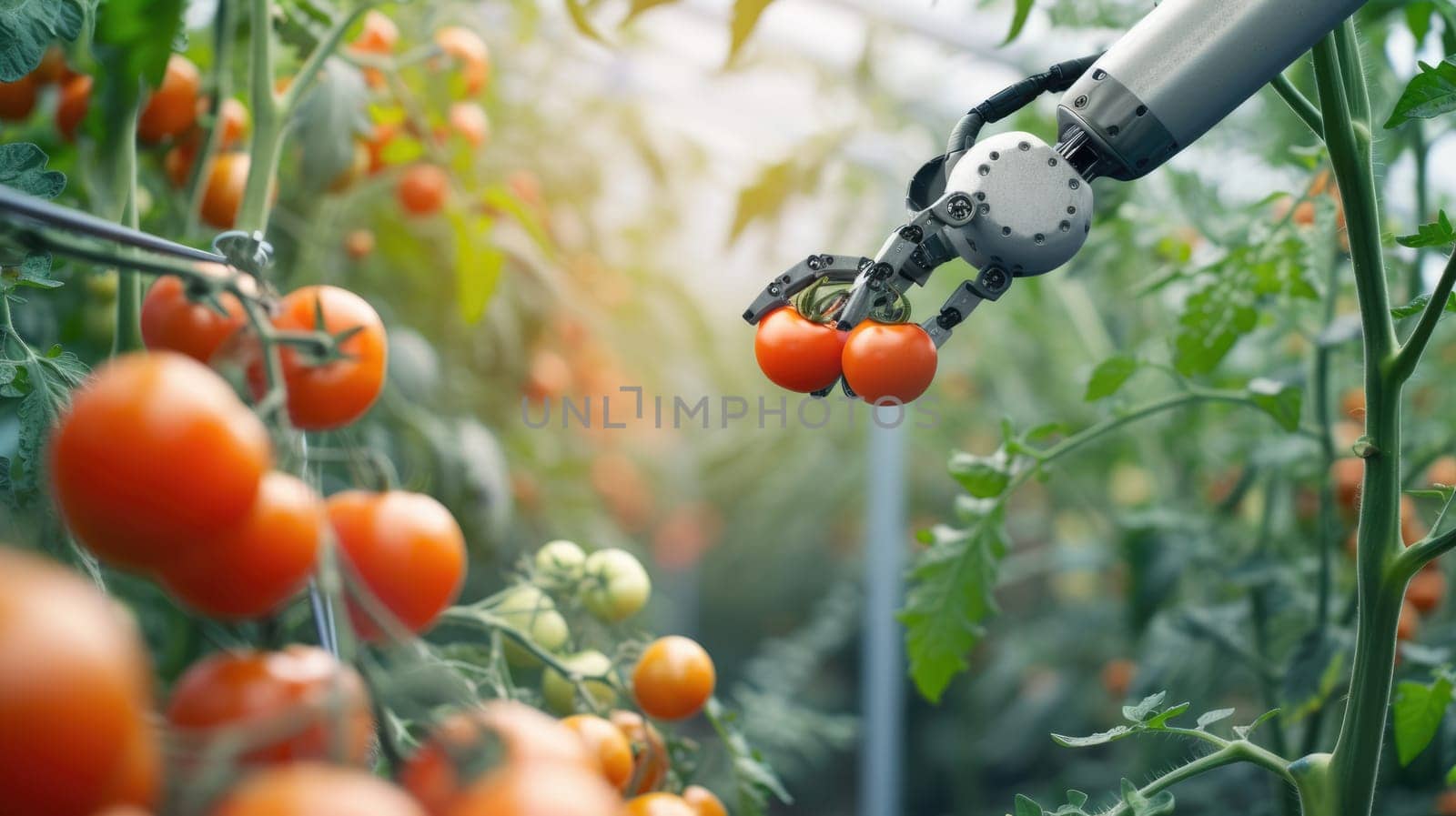 A robotic arm is picking tomatoes in a greenhouse AIG41 by biancoblue