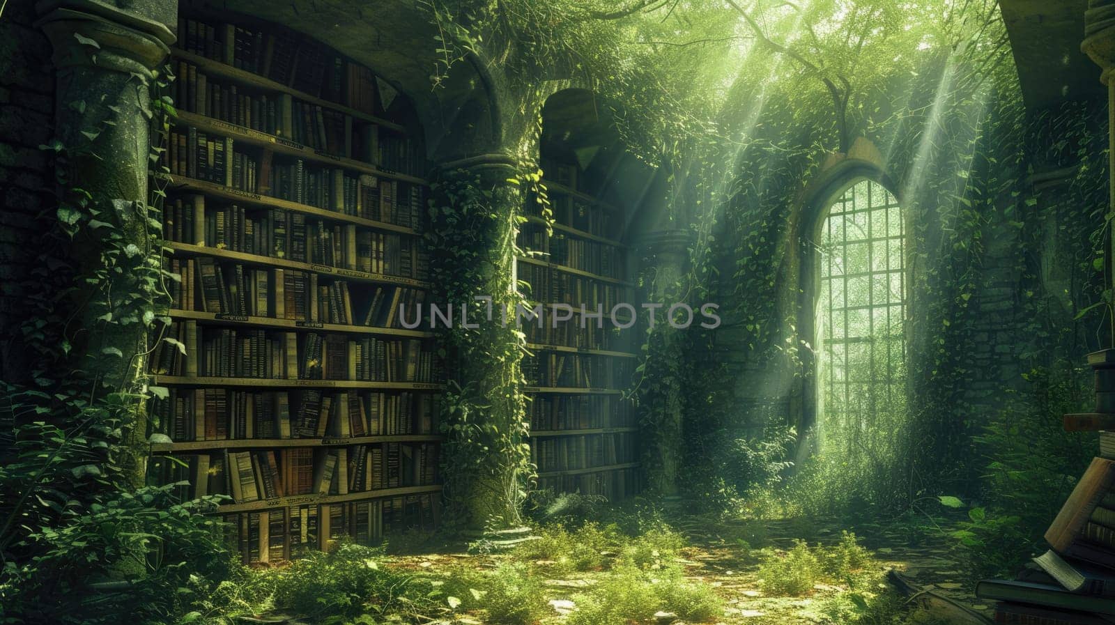 An ancient library in a hidden forest, overgrown with ivy, books filled with forgotten lore, mystical ambiance, sunlight filtering through leaves. Resplendent.