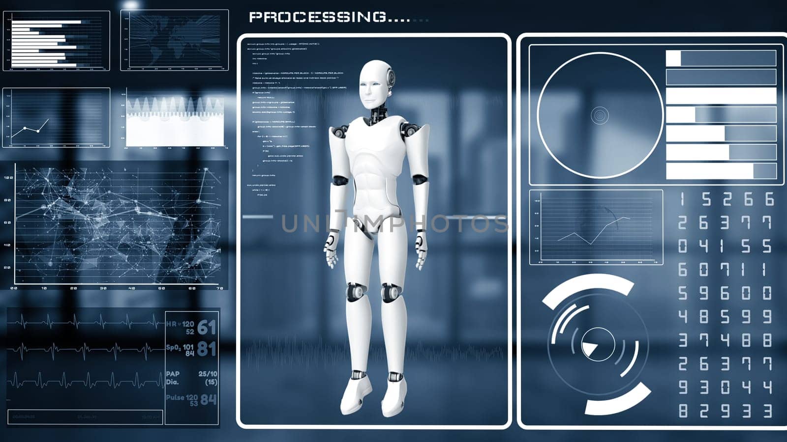 XAI Futuristic robot, artificial intelligence CGI big data analytics and programming by biancoblue