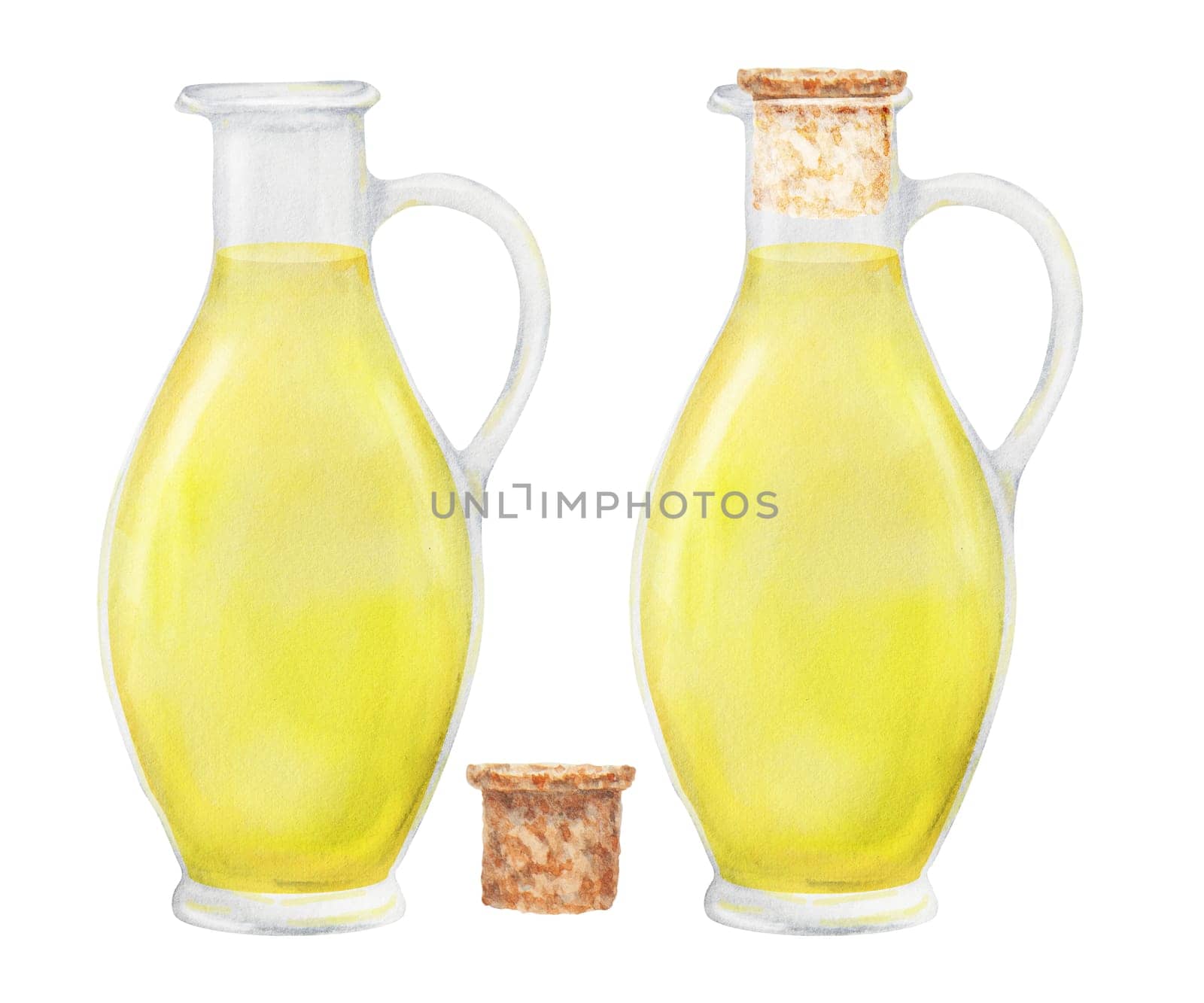 Transparent white glass bottle with yellow oil, vinegar. Watercolor hand drawn illustration. Ingredient in cooking, cosmetics. Clip art for menu of restaurants, packaging of farm goods, vegan products