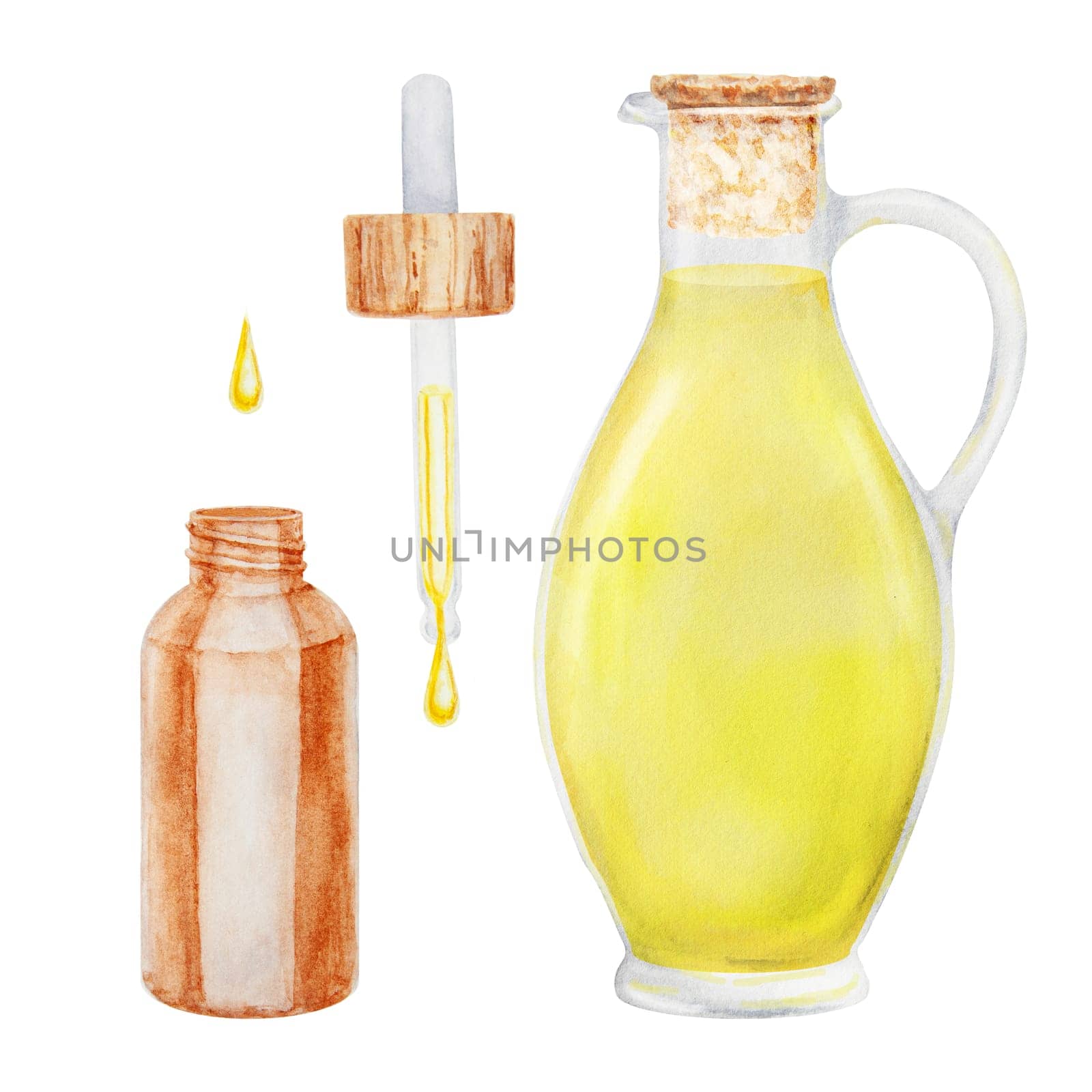 Transparent white glass bottle with yellow oil, vinegar. Watercolor hand drawn illustration. Ingredient in cooking, cosmetics. Clip art for menu of restaurants, packaging of farm goods, vegan products