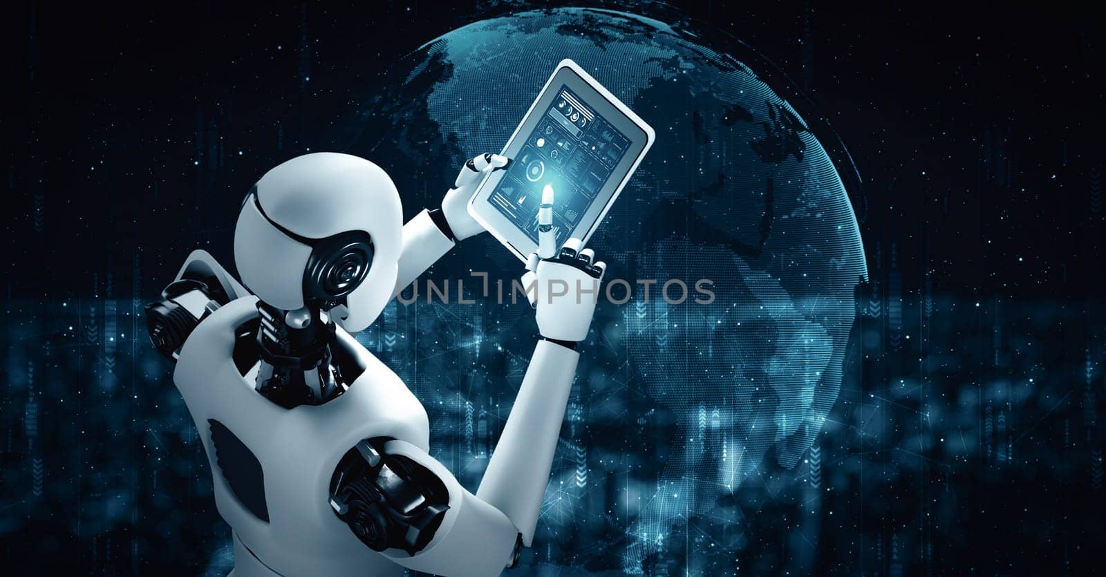 XAI 3d illustration Robot hominoid using tablet computer for global network connection using AI thinking brain , artificial intelligence and machine learning process for 4th industrial revolution. 3D rendering.