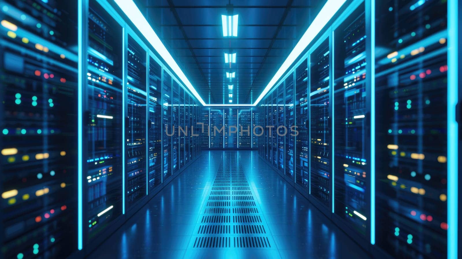 A parallel row of servers, adorned in electric blue, fills a technology-driven data center hallway with a symmetrical display of power and Azure technology. AIG41