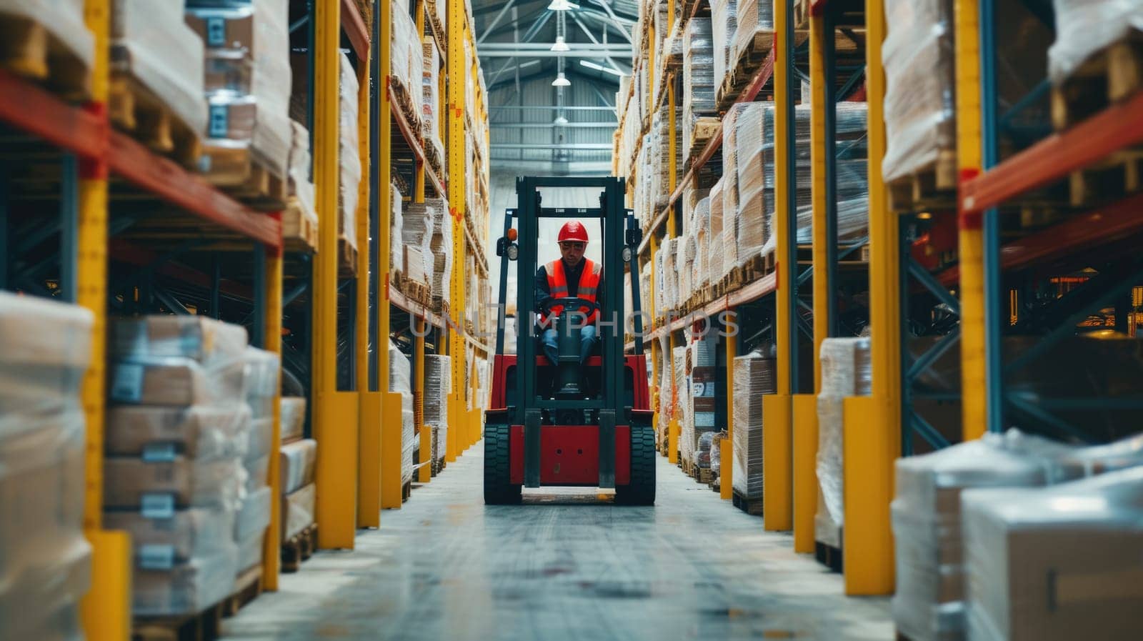 A forklift driver operates in a warehouse building. AIG41 by biancoblue