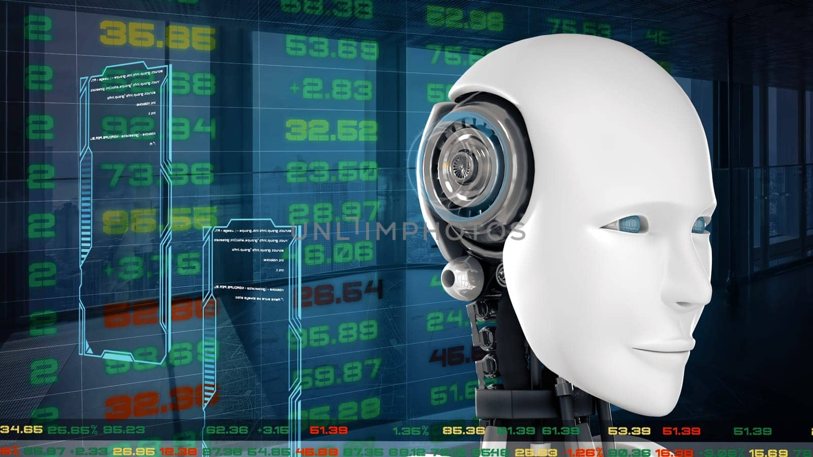 XAI Futuristic robot, artificial intelligence CGI for stock exchange market trading by biancoblue