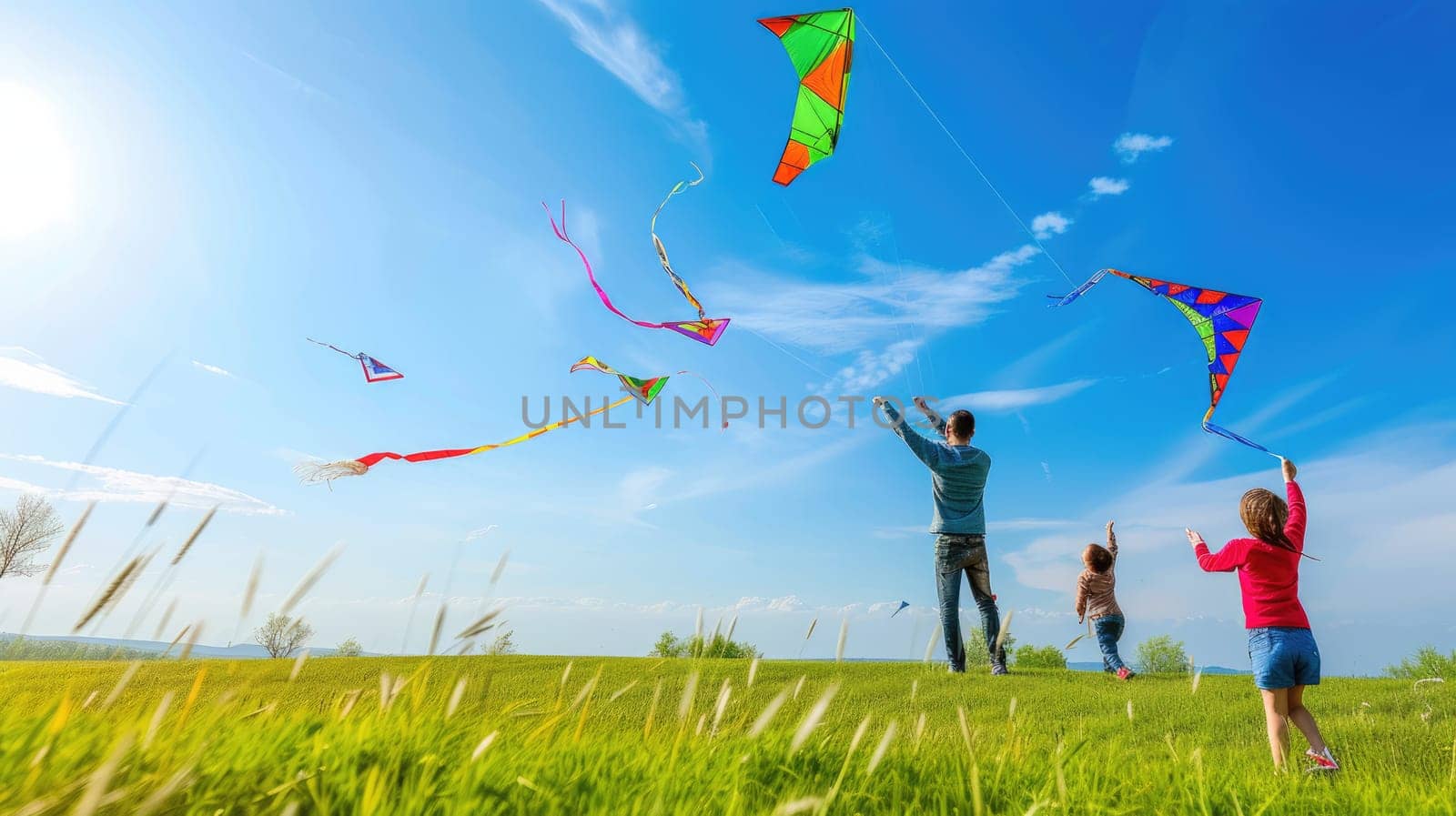 A happy family enjoys flying kites in the sky, surrounded by the natural landscape of a grassy field under the clouds. AIG41