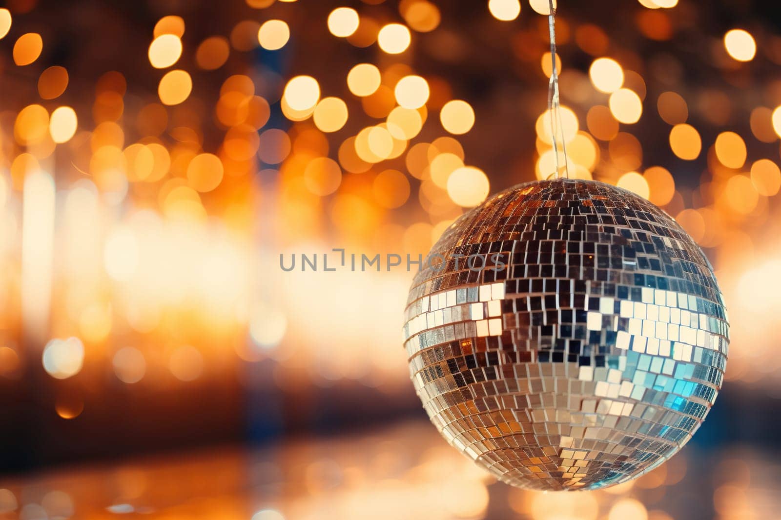 A shimmering silver disco ball against a golden bokeh background.