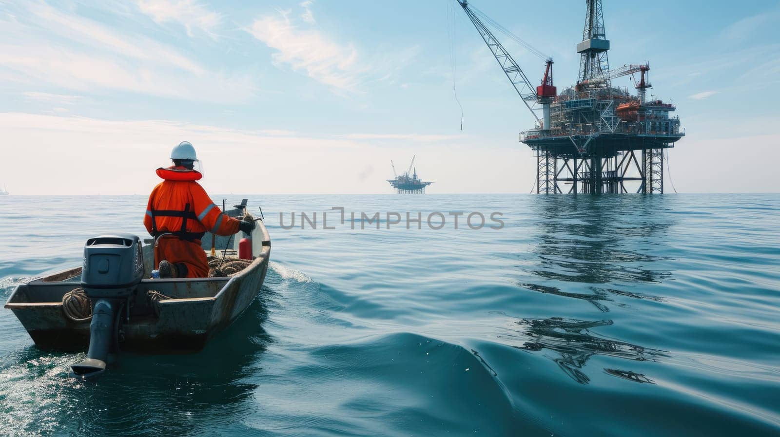 A person is on a watercraft near an offshore oil rig, surrounded by water and sky, while the wind blows and clouds float above. AIG41