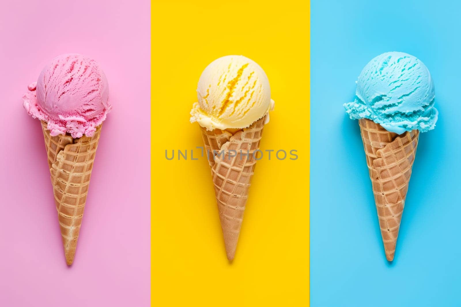Three vladimka ice cream cones placed on a pastel multicolored background, creating a vibrant and playful visual composition.