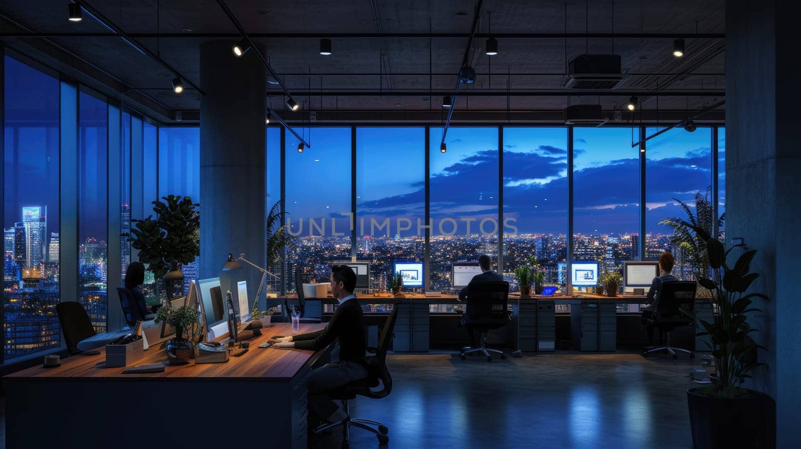 A gathering of individuals occupies office desks in a building during nighttime. The room features water fixtures, tables, and glass elements. AIG41