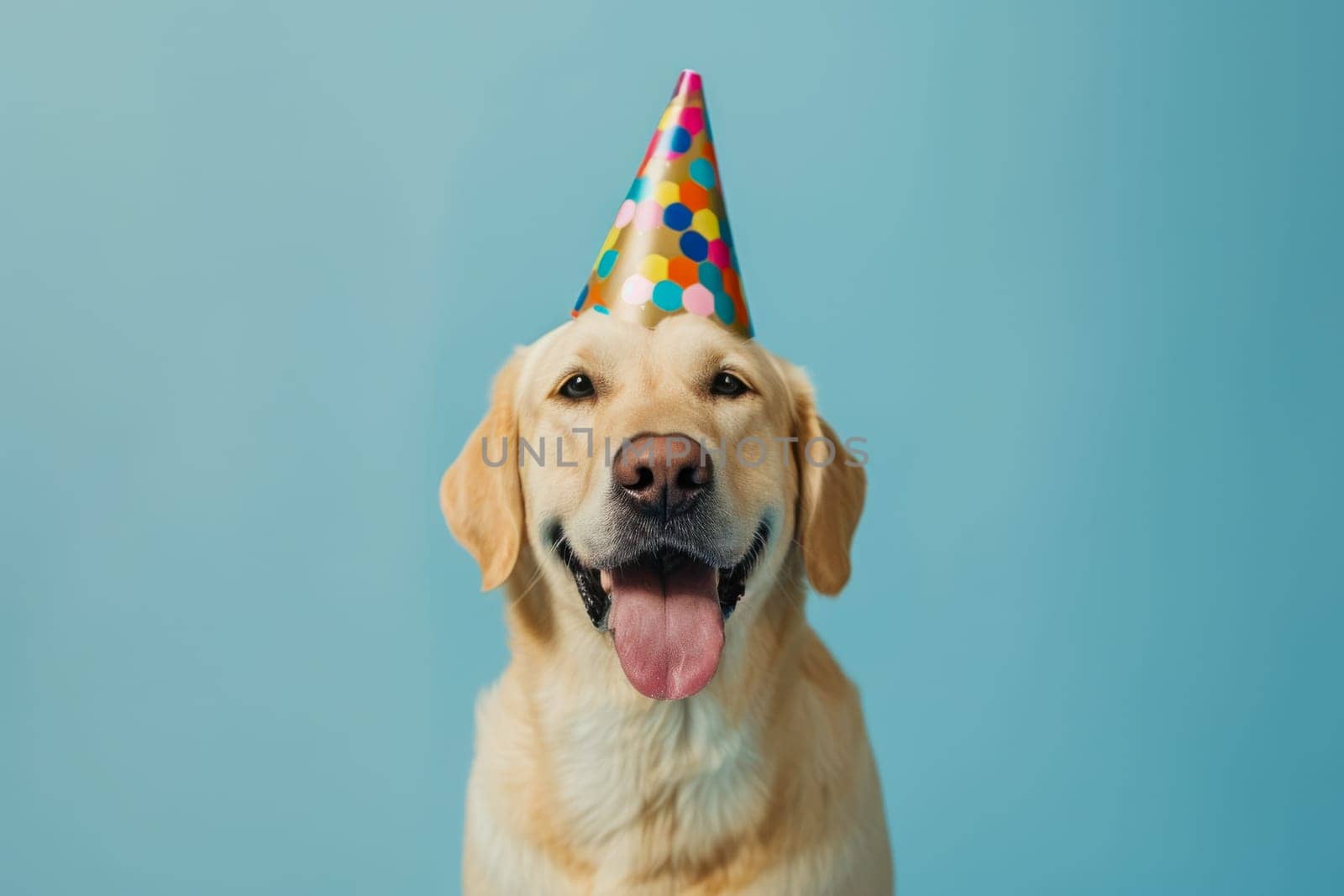 A dog wearing a festive party hat on a blue background, sticking its tongue out playfully.