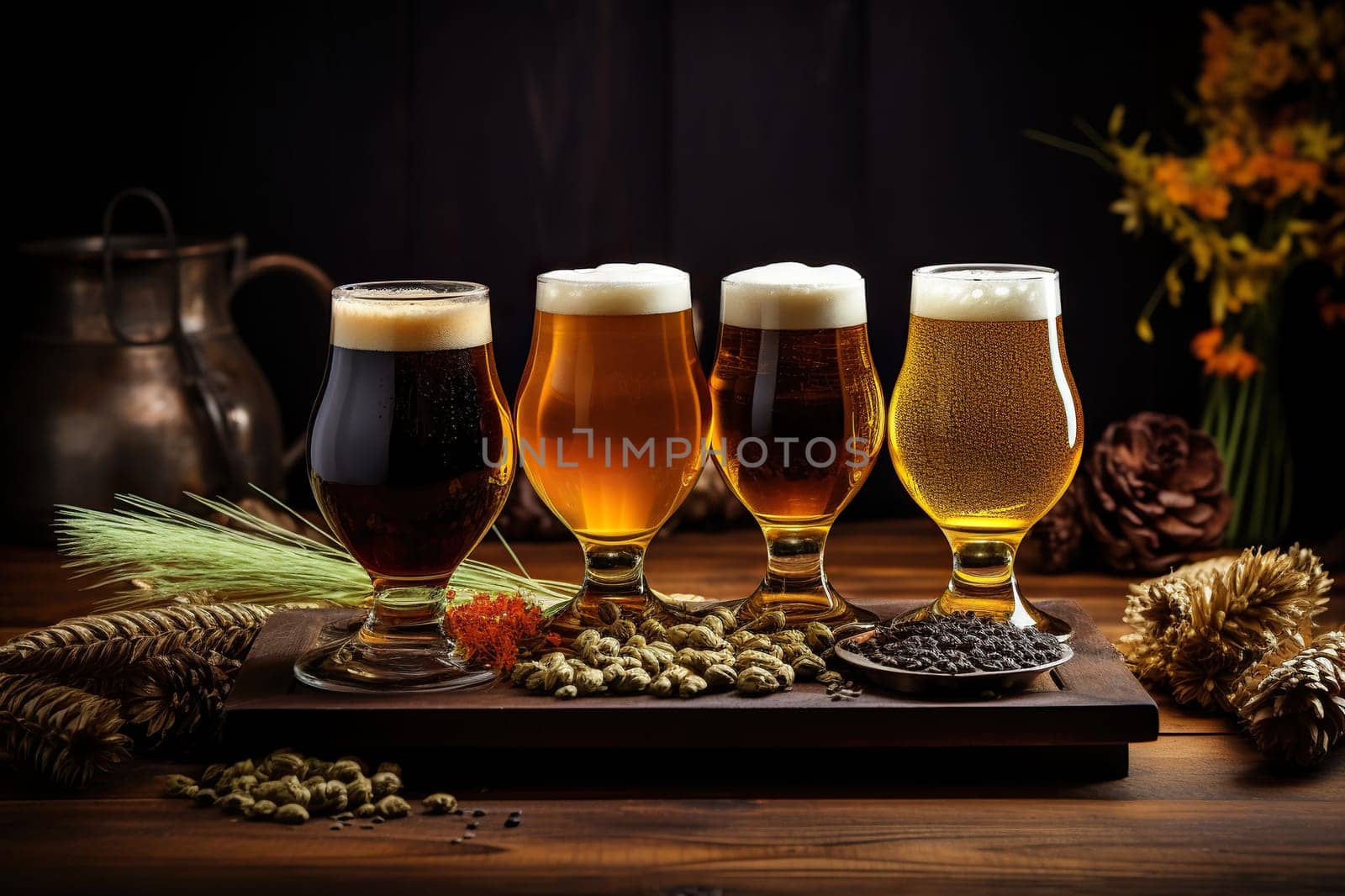 A set of four glasses of different types of beer on a wooden table with ears of wheat.
