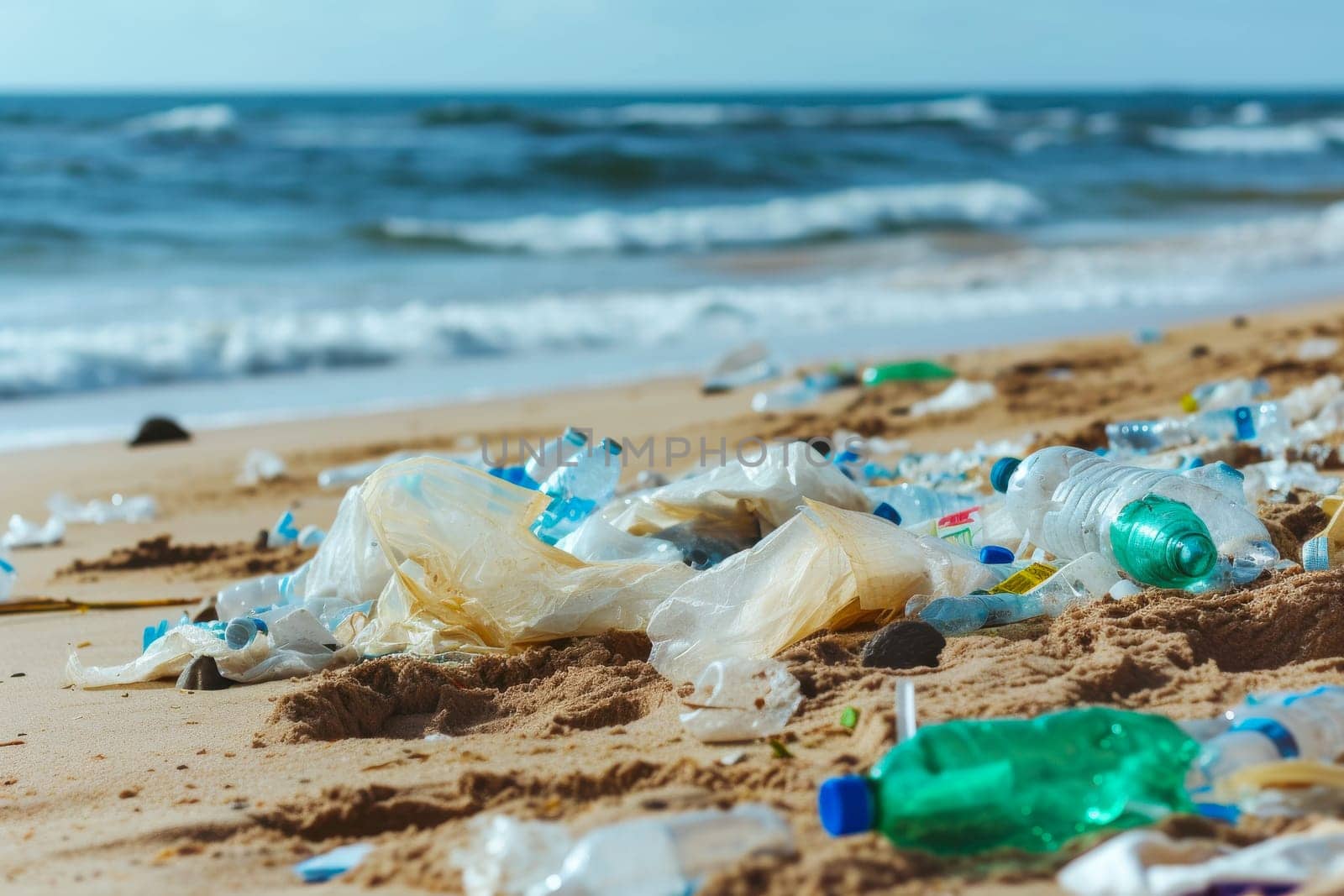 The image shows a beach covered with plastic bottles and debris, highlighting the environmental issue of pollution impacting our oceans.