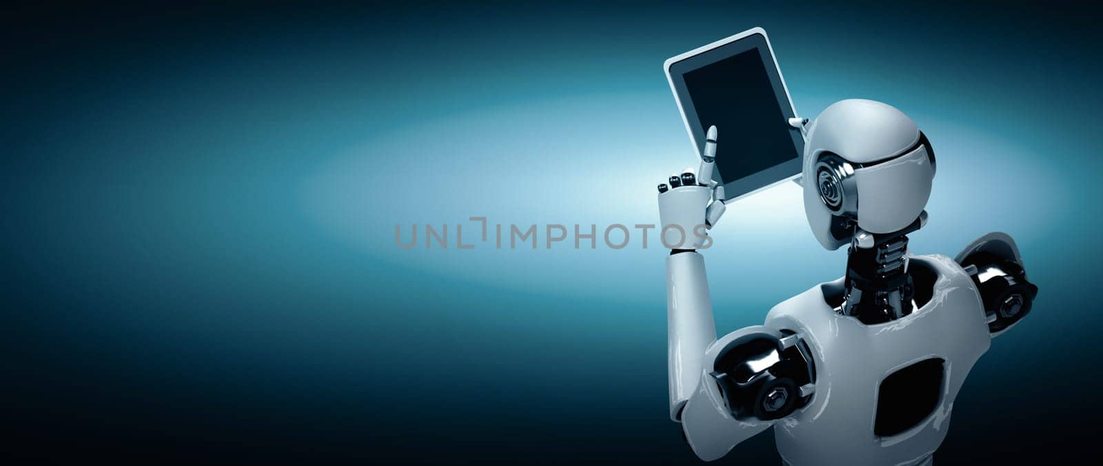 XAI 3d illustration Robot humanoid using tablet computer in future office while using AI thinking brain , artificial intelligence and machine learning process. 4th fourth industrial revolution 3D illustration.