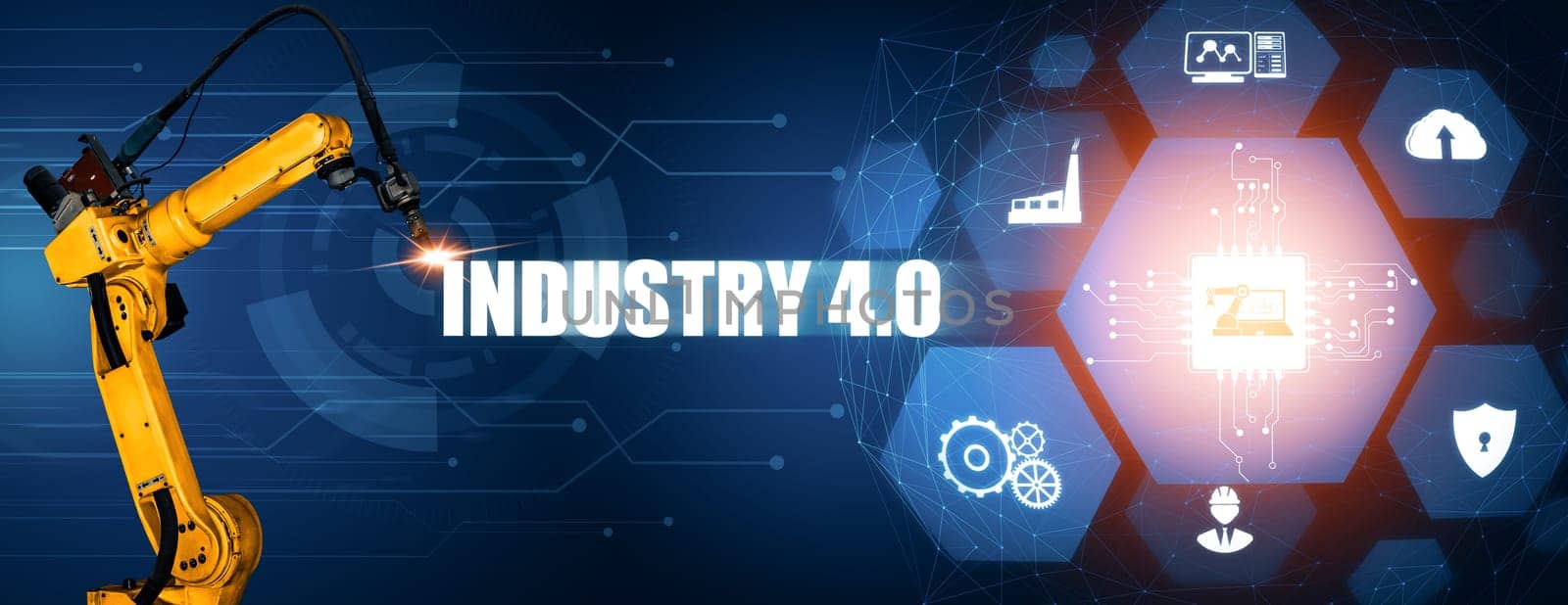 XAI Smart industry robot arms for digital factory production technology showing automation manufacturing process of the Industry 4.0 or 4th industrial revolution and IOT software to control operation.