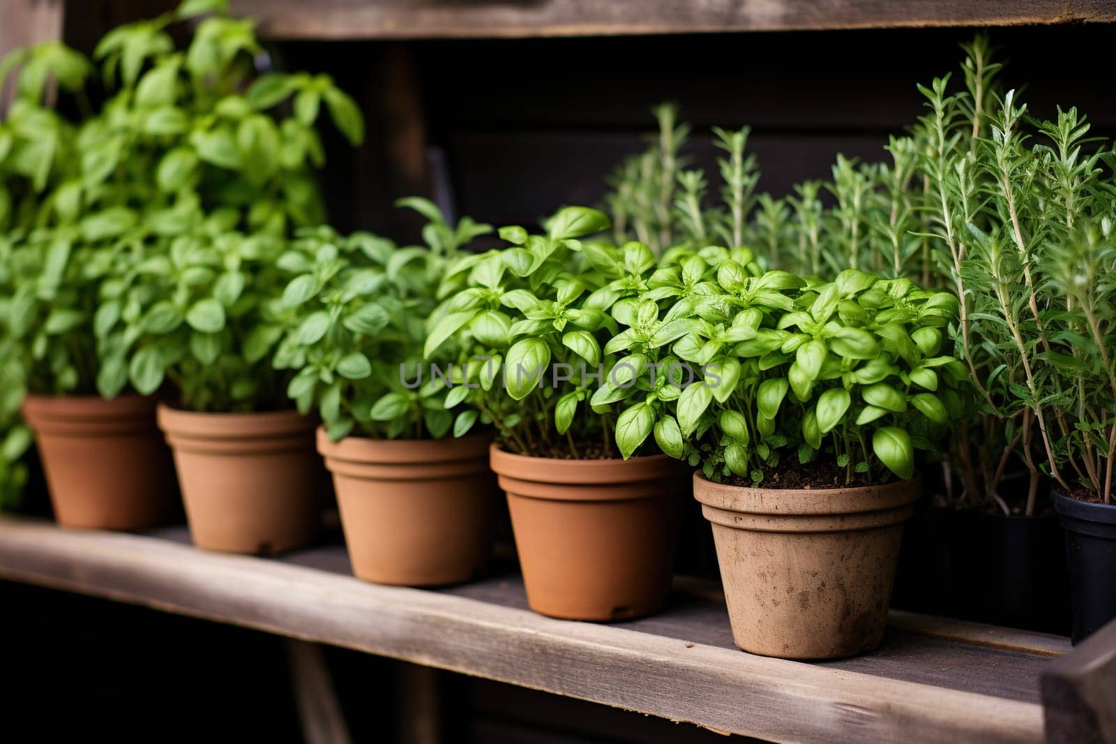 Pots of fresh basil on a wooden shelf.