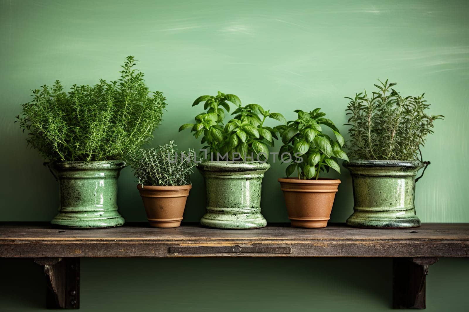 Basil, rosemary, thyme in old pots on a wooden shelf.