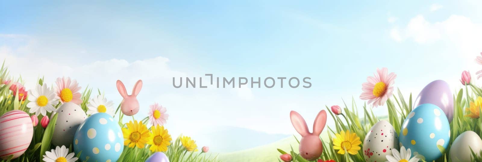 Holiday celebration banner with cute Easter decorated eggs and spring flowers on green spring meadow. Flowers in landscape. Happy Easter greeting card, banner, festive background.Copy space
