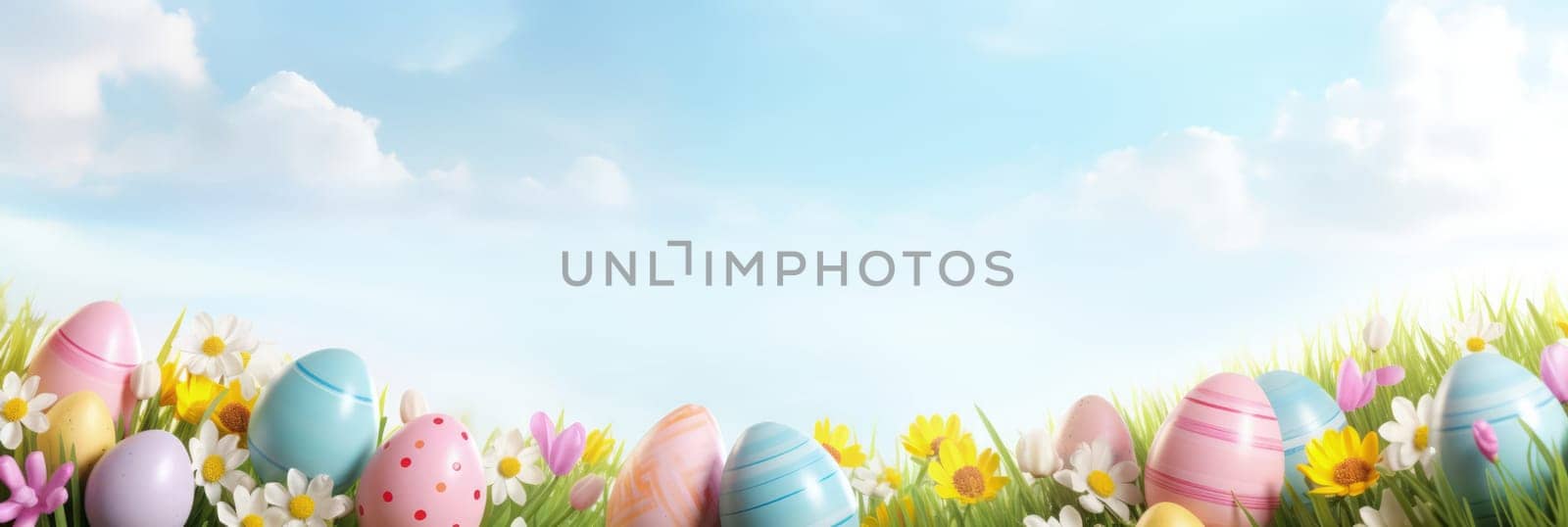Holiday celebration banner with cute Easter decorated eggs and spring flowers on green spring meadow. Flowers in landscape. Happy Easter greeting card, banner, festive background.Copy space