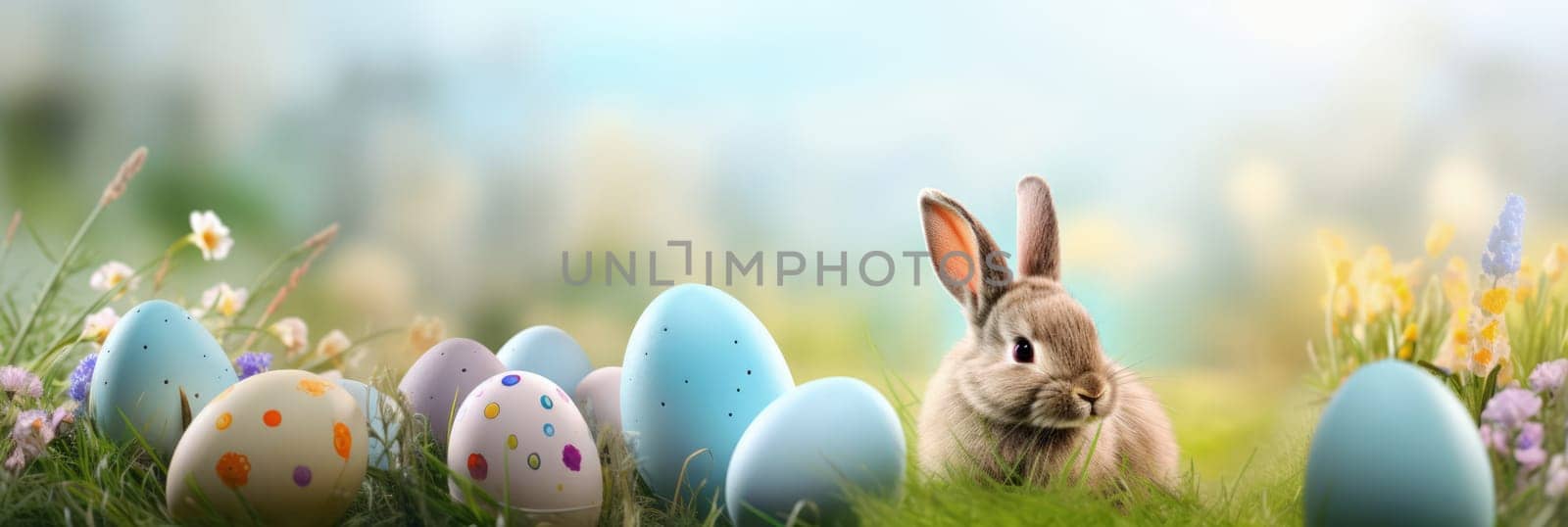 Holiday celebration banner with cute Easter bunny with decorated eggs and spring flowers on green spring meadow. Rabbit in landscape. Happy Easter greeting card, banner, festive background. Copy space