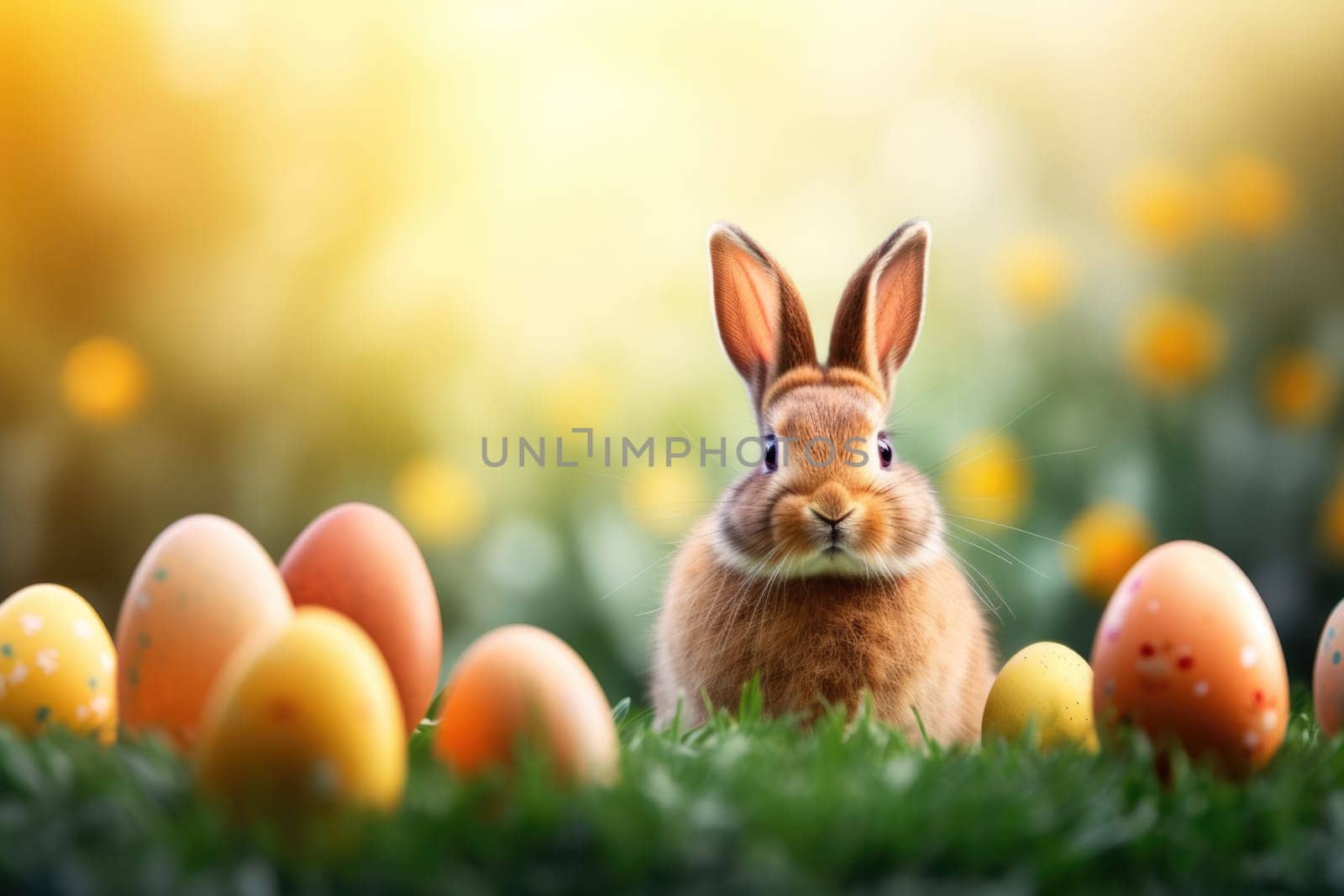 Holiday celebration banner with cute Easter bunny with decorated eggs and spring flowers on green spring meadow. Rabbit in landscape. Happy Easter greeting card, banner, festive background. Copy space