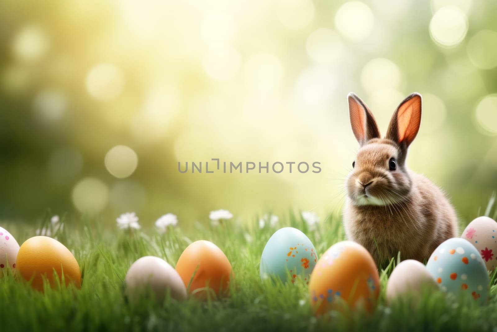 Holiday celebration banner with cute Easter bunny with decorated eggs and spring flowers on green spring meadow. Rabbit in landscape. Happy Easter greeting card, banner, festive background. Copy space