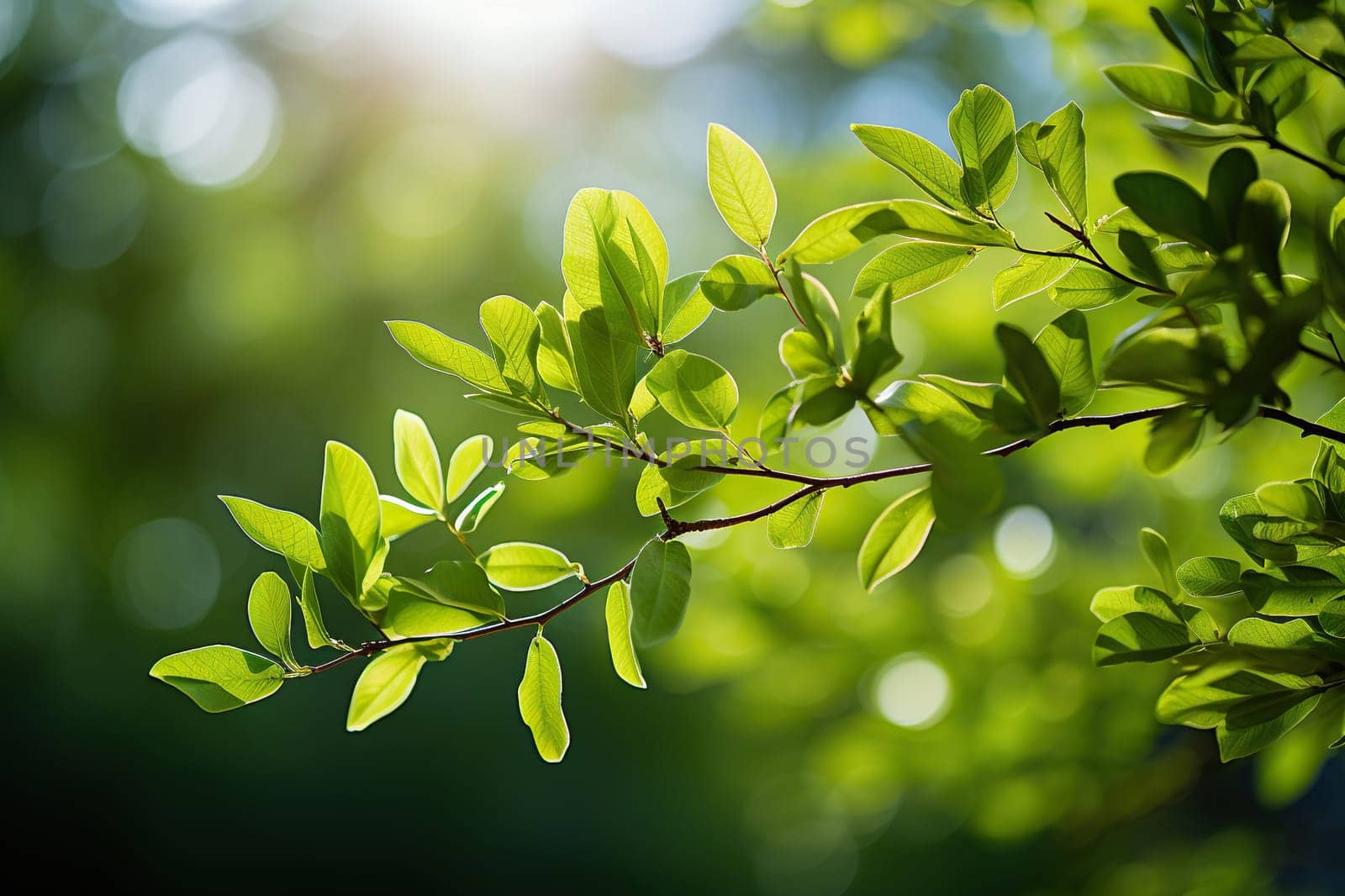 Green tree leaves in sunlight with bokeh in the background. Spring, summer background with blur.