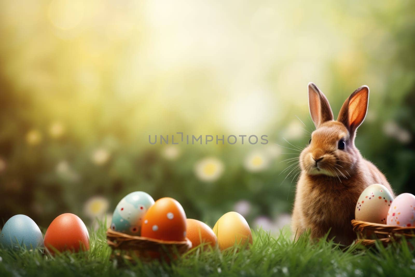 Holiday celebration banner with cute Easter bunny with decorated eggs and spring flowers on green spring meadow. Rabbit in landscape. Happy Easter greeting card, banner, festive background. Copy space
