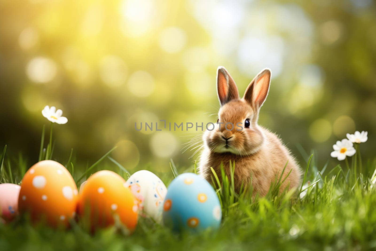 Holiday celebration banner with cute Easter bunny with decorated eggs and spring flowers on green spring meadow. Rabbit in landscape. Happy Easter greeting card, banner, festive background. Copy space
