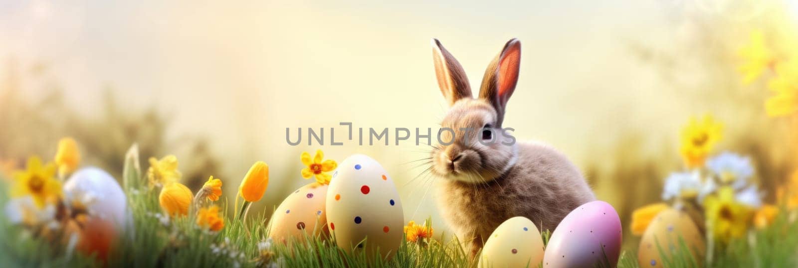 Holiday celebration banner with cute Easter bunny with decorated eggs and spring flowers on green spring meadow. Rabbit in landscape. Happy Easter greeting card, banner, festive background. Copy space