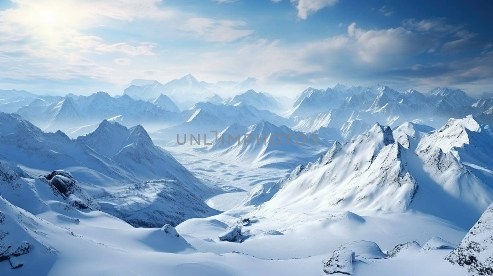 Aerial view of the peaks of snow-capped mountains.