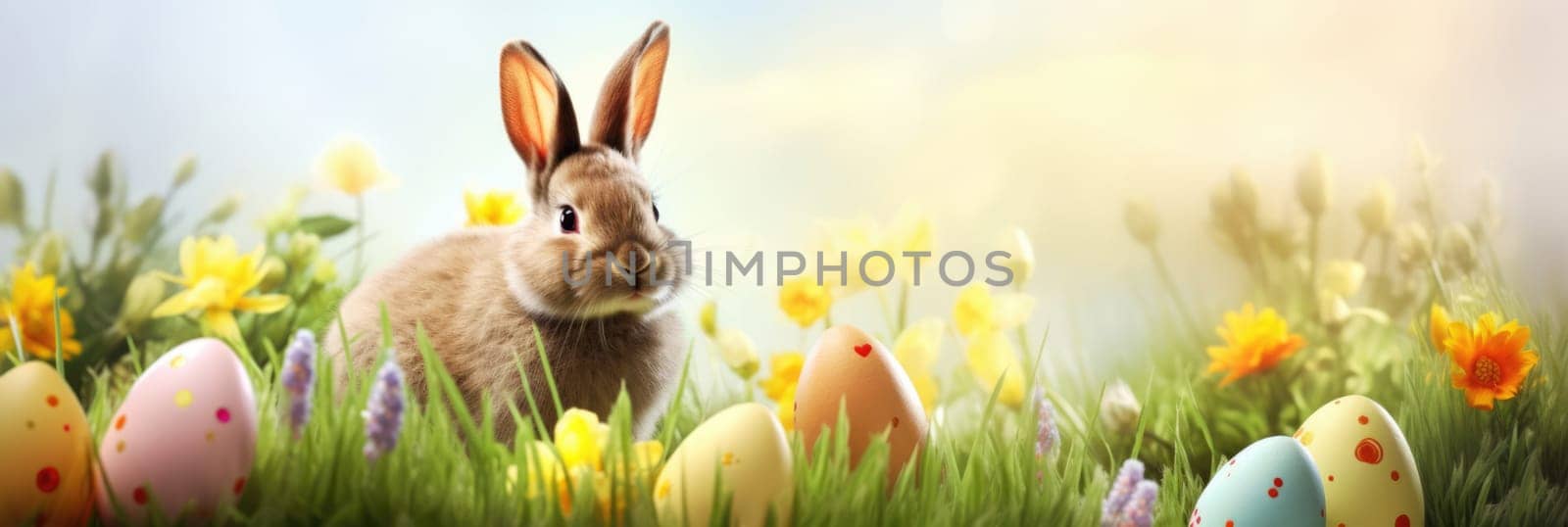 Holiday celebration banner with cute Easter bunny with decorated eggs and spring flowers on green spring meadow. Rabbit in landscape. Happy Easter greeting card, banner, festive background. Copy space