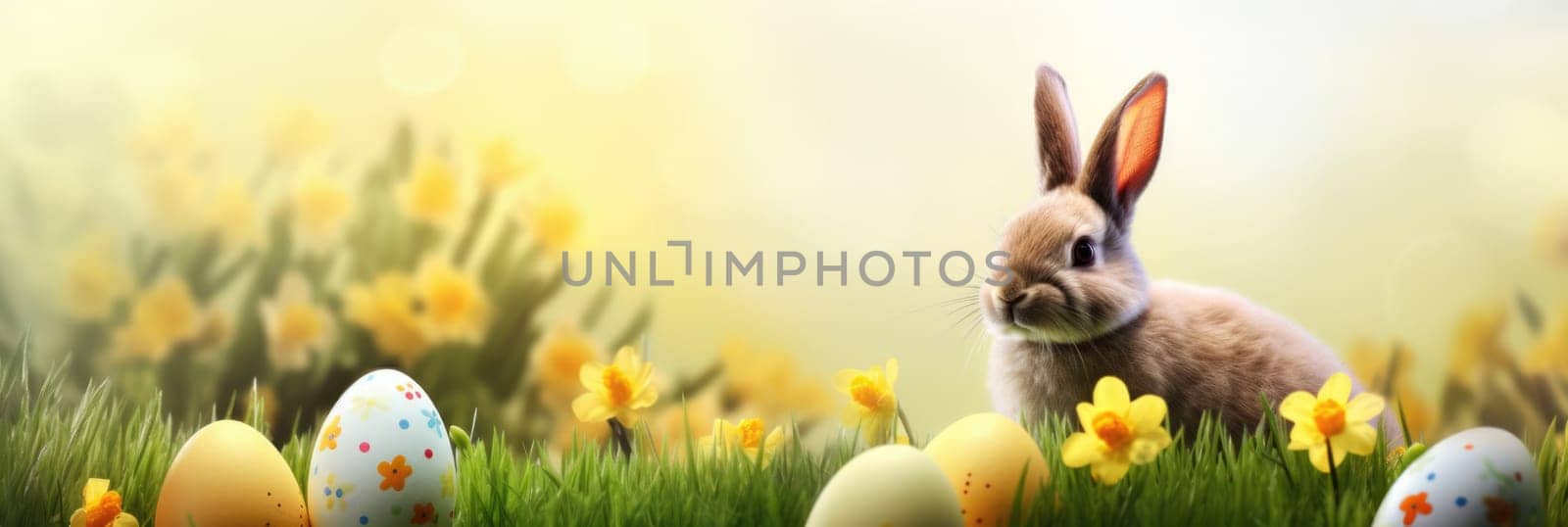 Holiday celebration banner with cute Easter bunny with decorated eggs and spring flowers on green spring meadow. Rabbit in landscape. Happy Easter greeting card, banner, festive background. Copy space