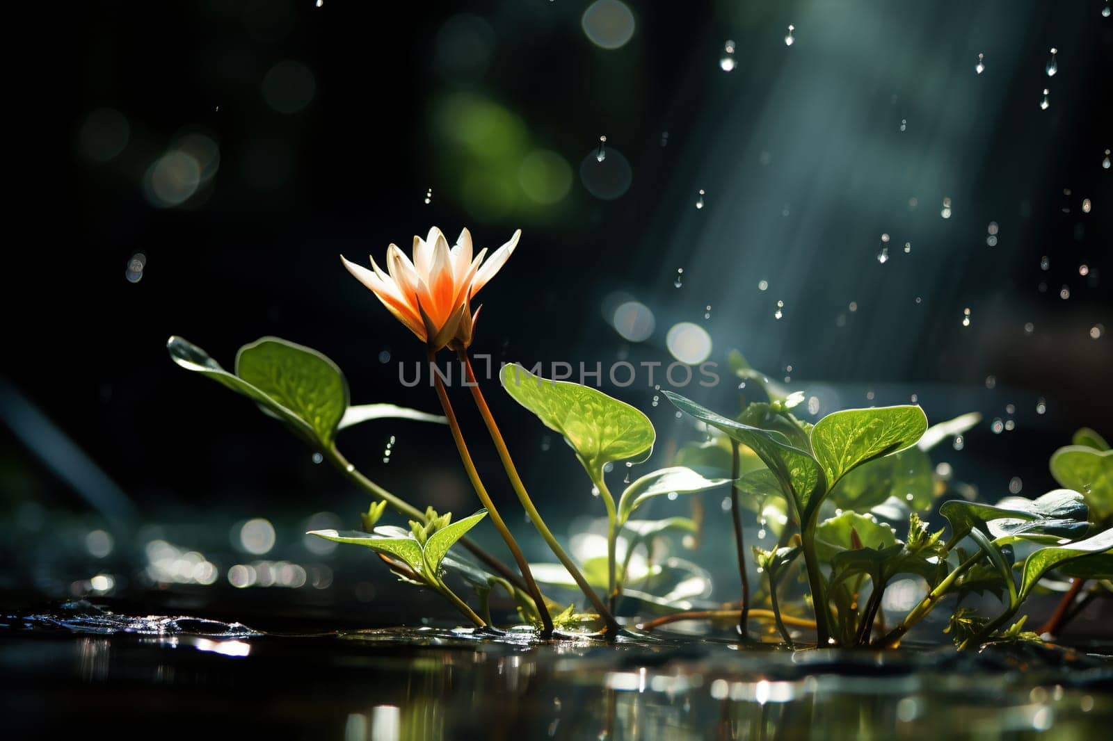 Branch with white flower in splashes of water in the light of the sun.