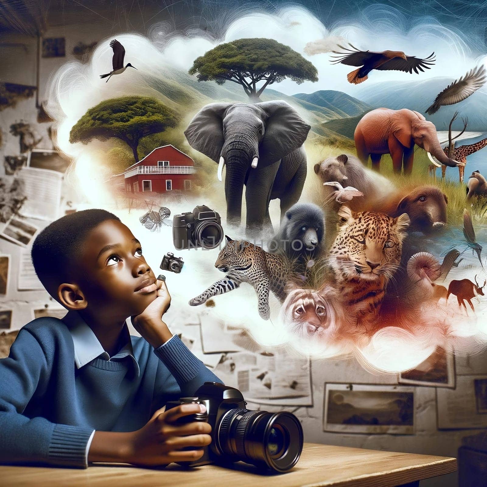 A young boy sits at a table holding a camera, looking up and dreaming about becoming famous wildlife photgrapher