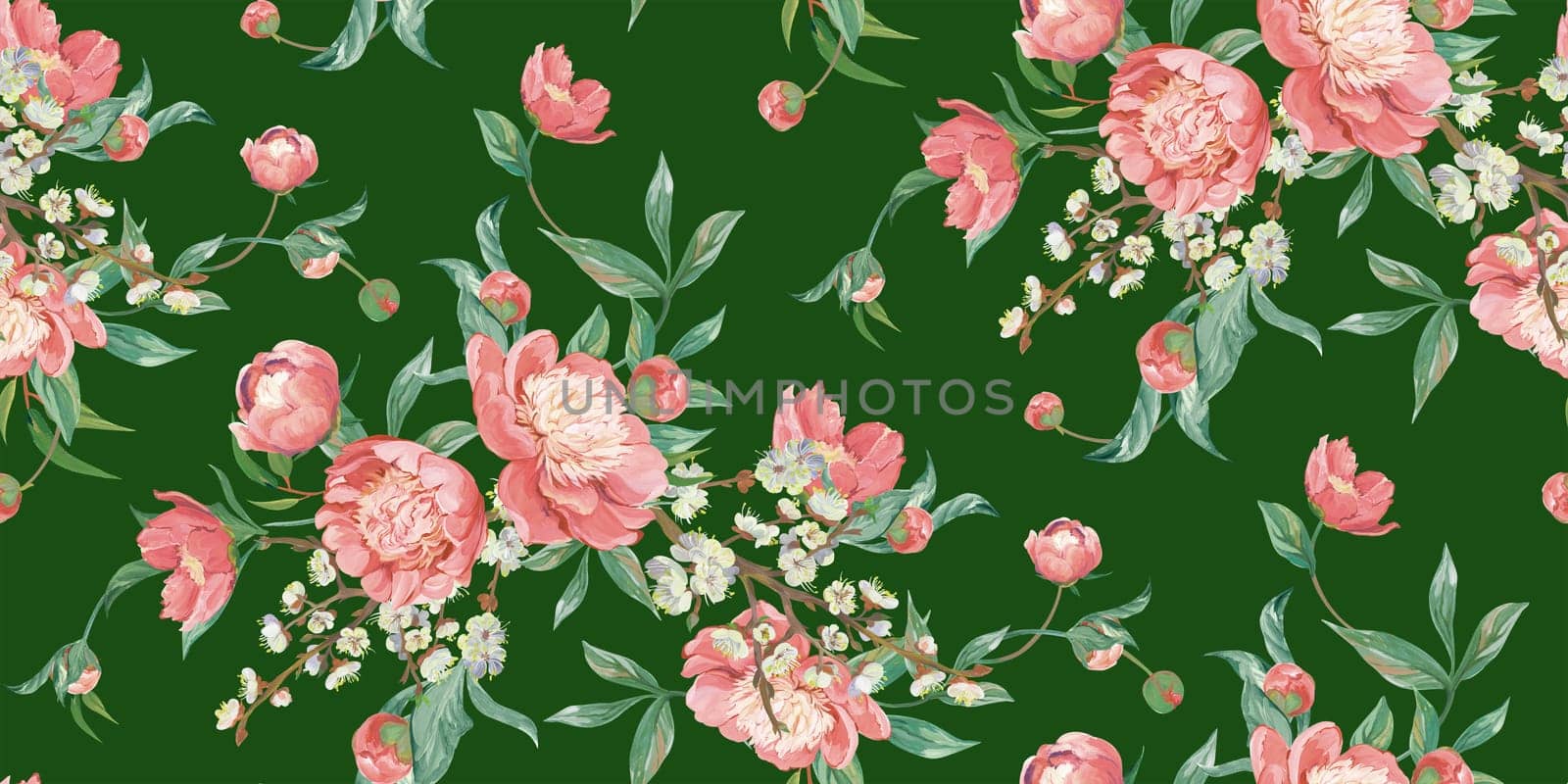 Seamless realistic pattern drawn with pink peonies in a classic oriental style for textile