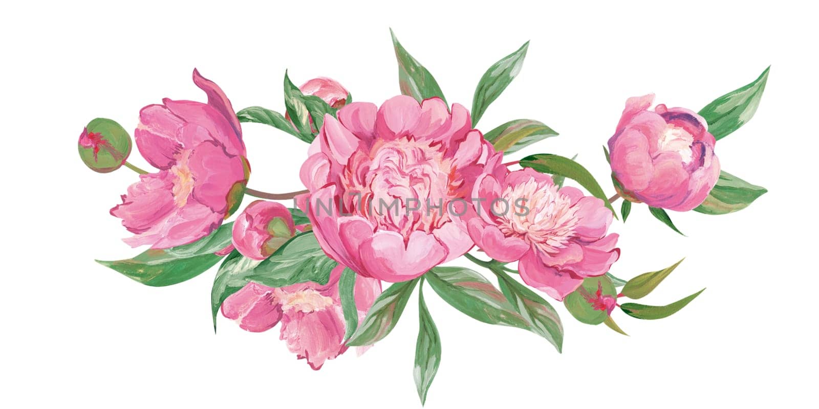 Bouquet of pink peonies and botanical elements isolated on white background