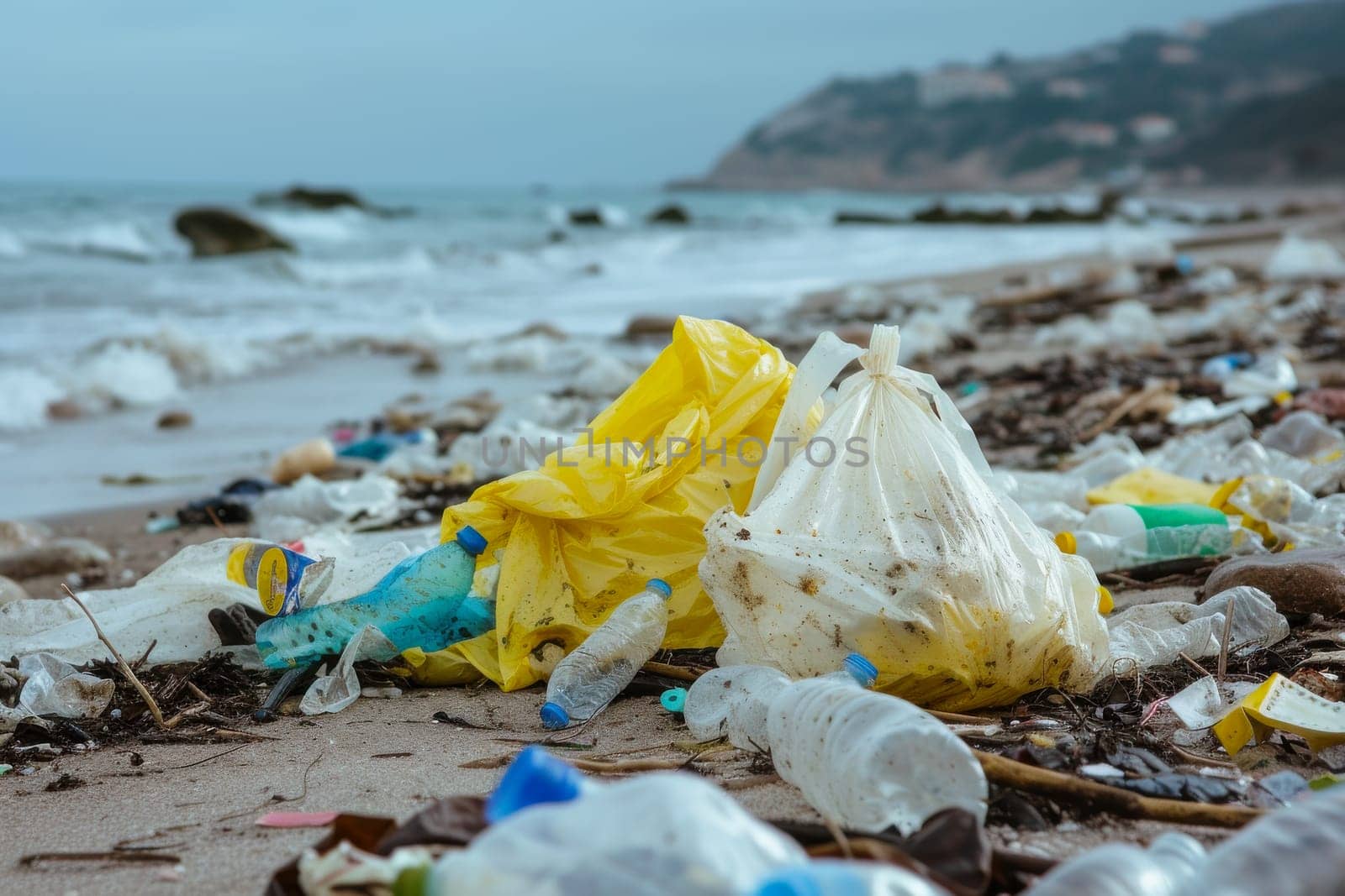 The image shows a beach covered in plastic bags, bottles, and other trash lying next to the ocean, highlighting the issue of pollution in our marine environments.