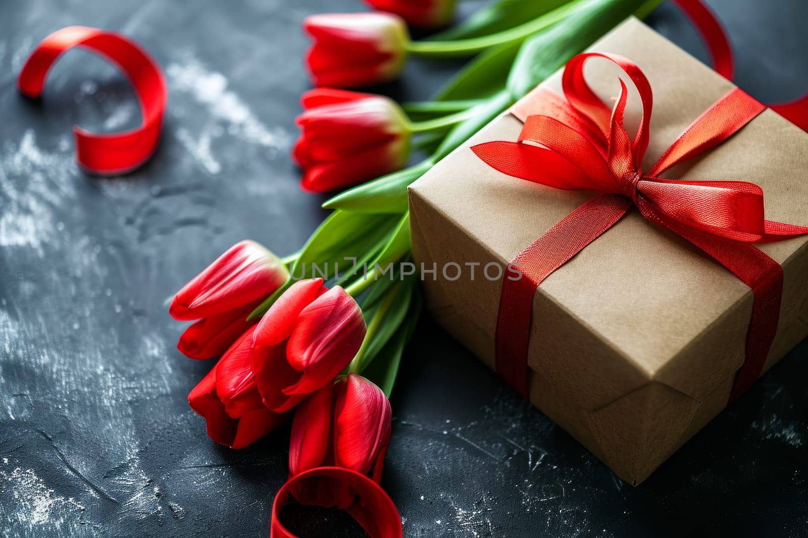 A red ribbon gift box sitting next to a bunch of vibrant tulips, perfect for celebrating International Womens Day.