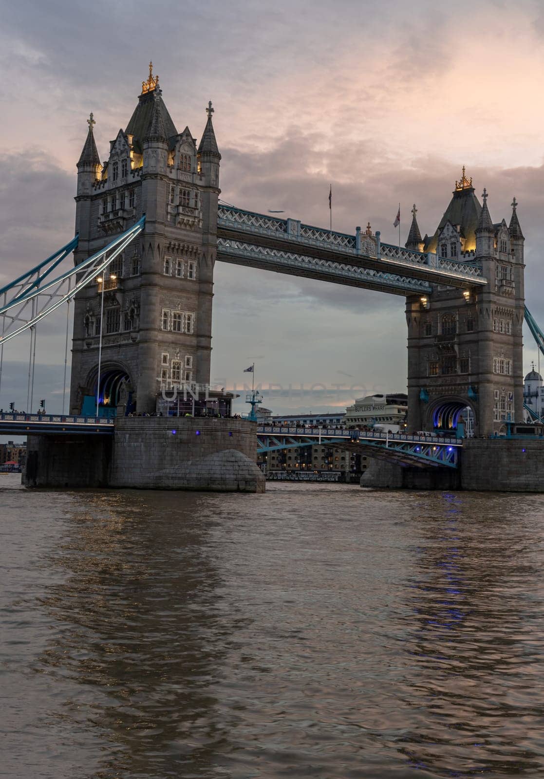 London, UK - Feb 15, 2024 - Scenery view of famous Tower bridge and skyline in the river thames at evening. Copy space, Selective focus.