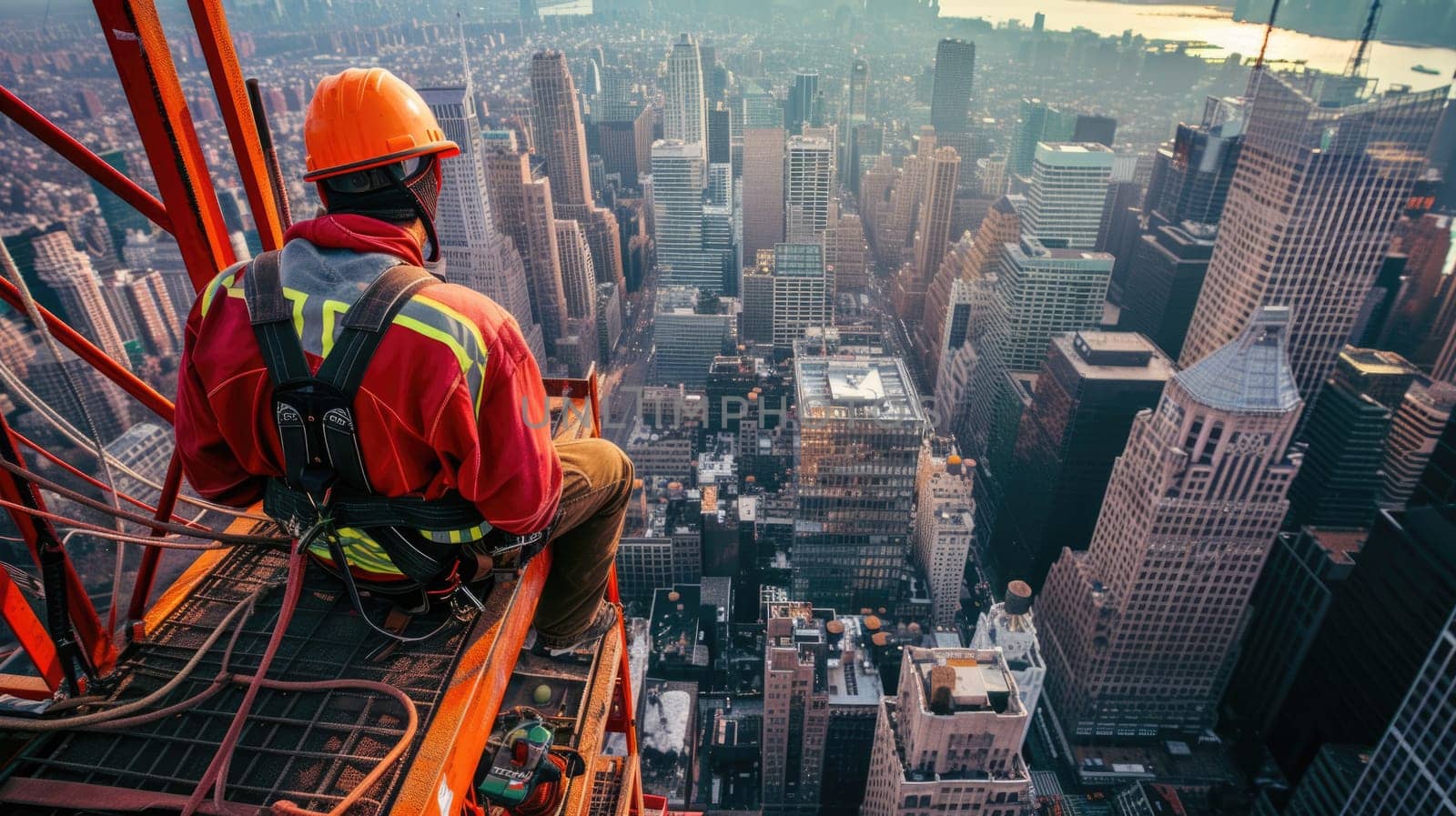 A construction worker stands atop a skyscraper, surrounded by the mesmerizing city landscape, under a cloudy sky with water glittering in the distance. AIG41
