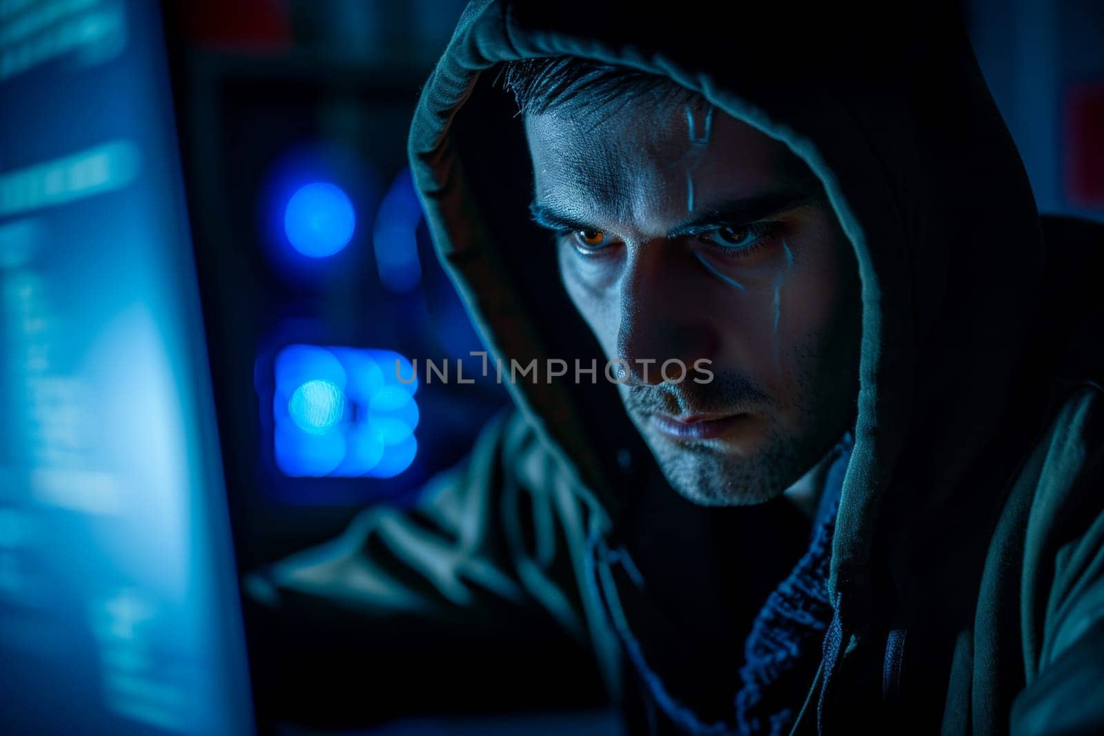 A man wearing a hoodie is intensely focused on the computer screen in front of him, possibly typing or coding.