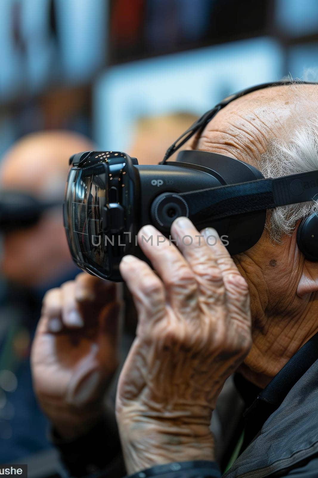 Senior fashion man having fun playing with innovated virtual reality glasses - Tech gaming entertainment concept. by Benzoix