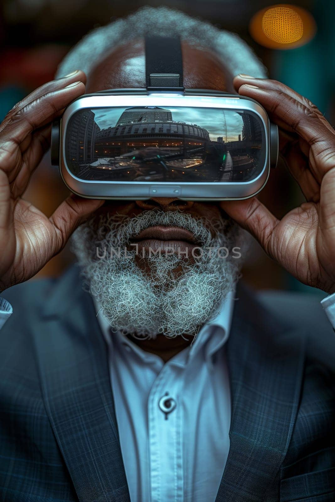 Senior fashion man having fun playing with innovated virtual reality glasses - Tech gaming entertainment concept. by Benzoix