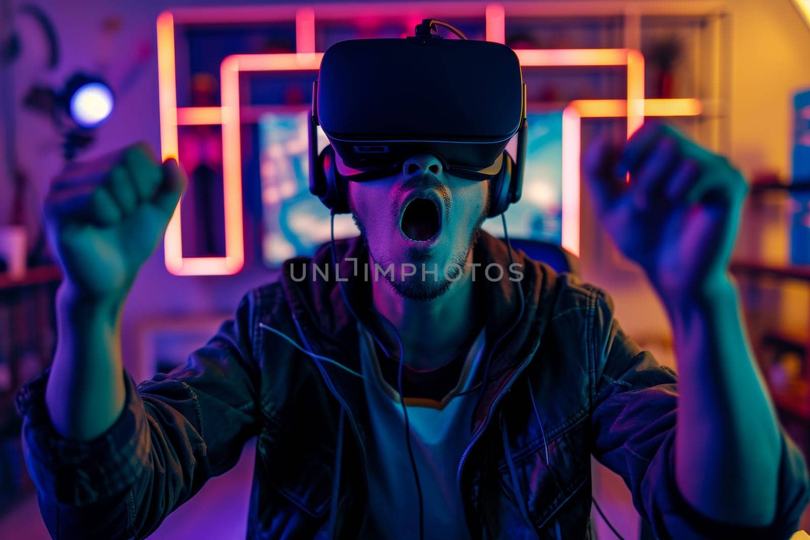 A man is seen in a room wearing a virtual reality headset, appearing engaged in a digital environment or game.