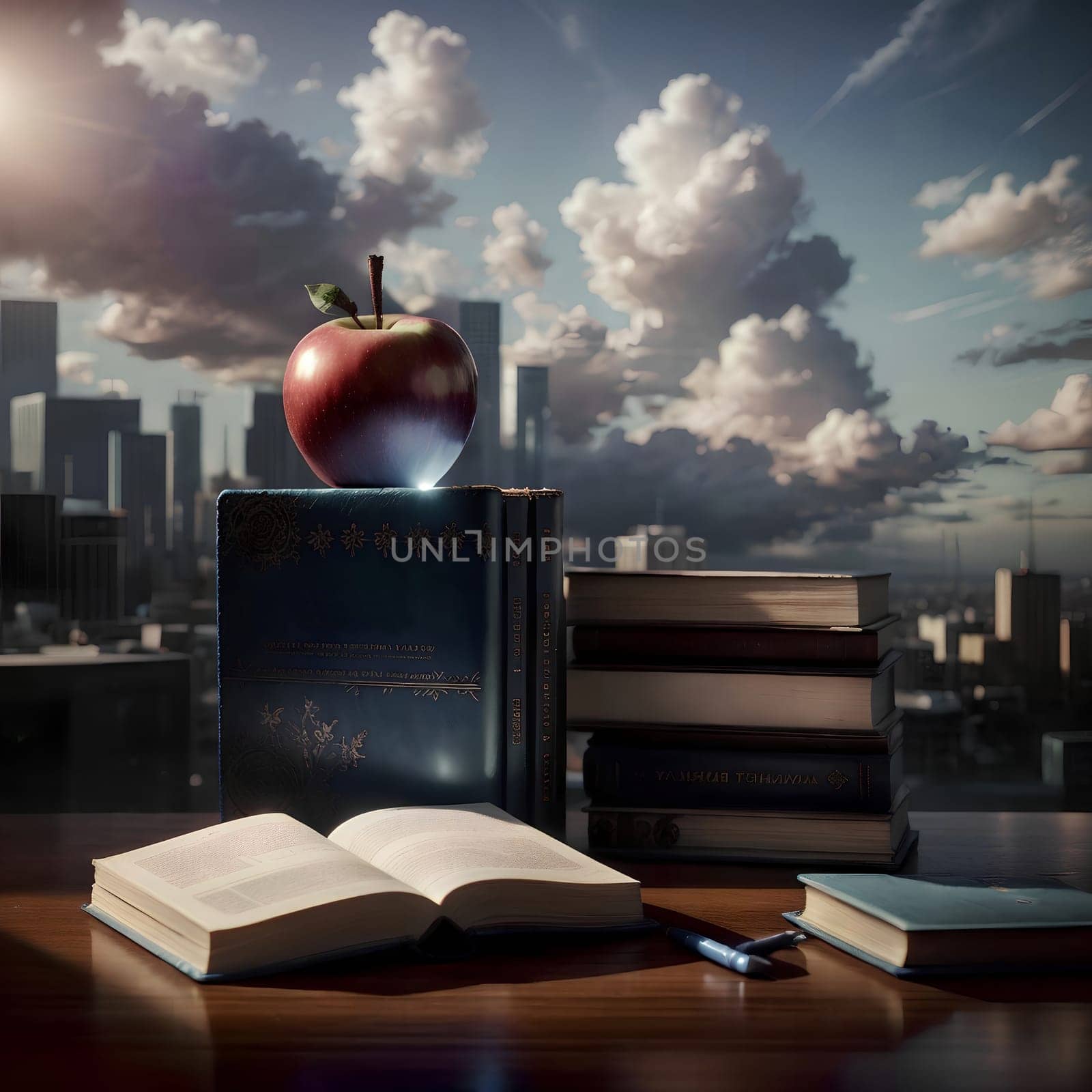 a stack of books with an apple against the backdrop of a large modern city with tall buildings. AI generated image.