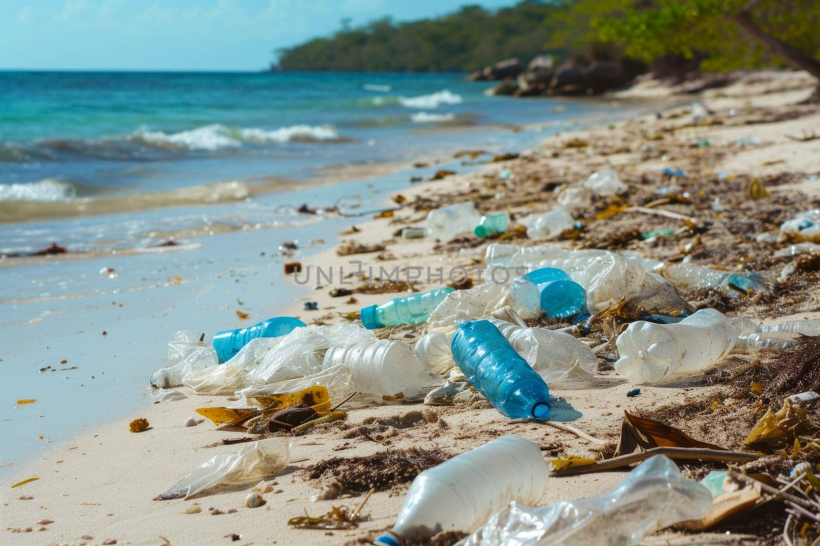 The image shows a beach covered in plastic bottles and debris, highlighting the environmental impact of pollution on marine ecosystems.