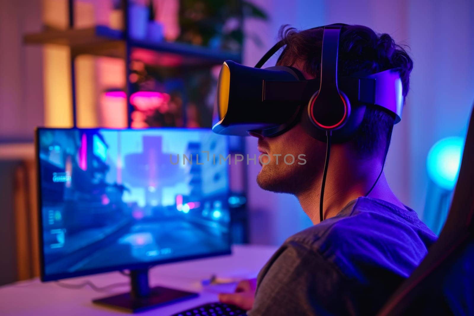 A man wearing a virtual reality headset is seated in front of a computer, engaged in a gaming experience.